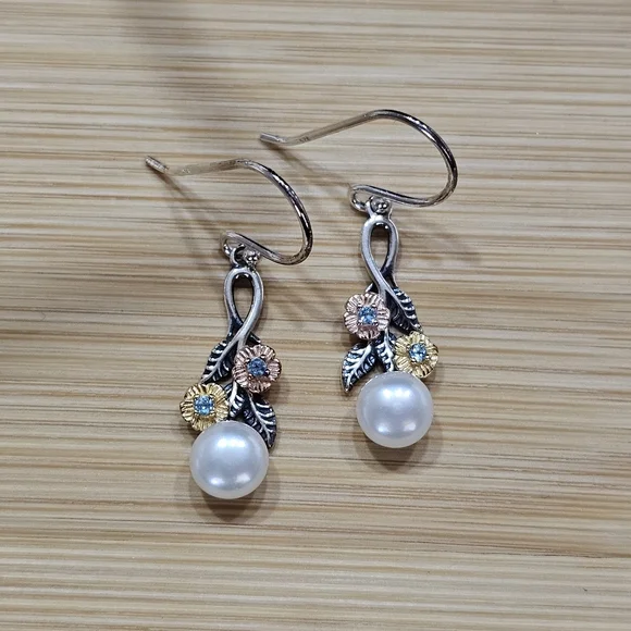 PZ Israel 925 Silver with Blue Topaz and Freshwater Pearls Drop Earrings - Picture 4 of 15